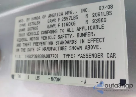 2008 Honda Accord 3.5 Ex-L z USA, uszkodzony, nr VIN 1HGCP36838A087701